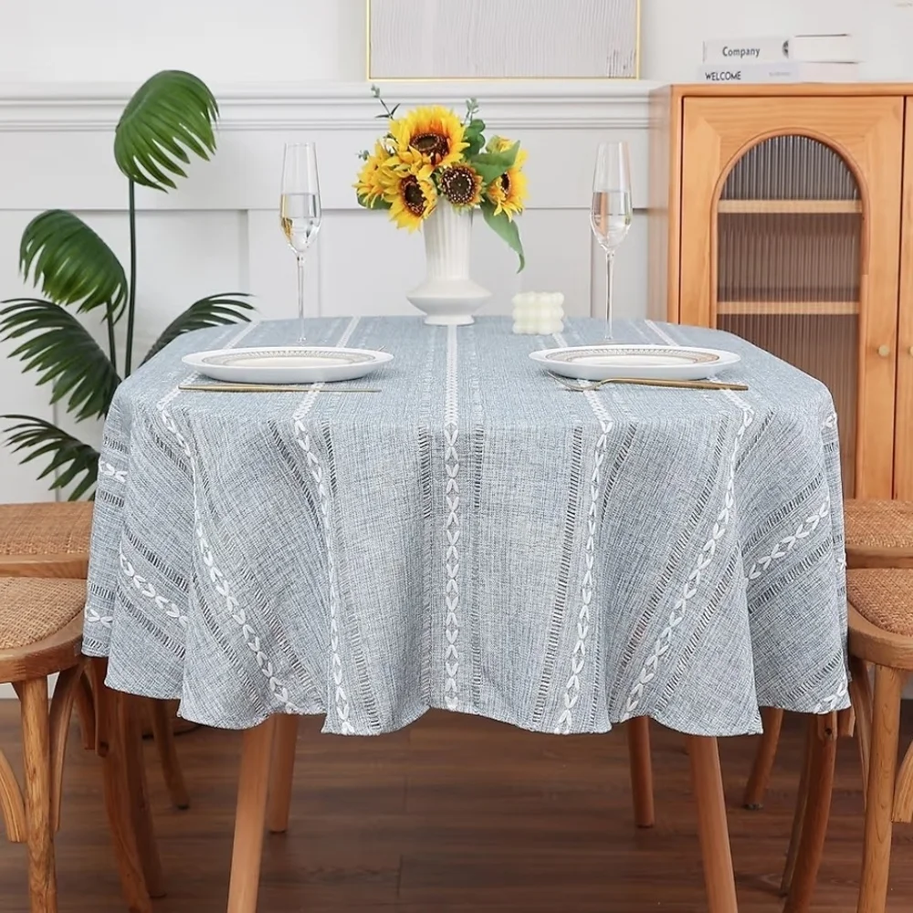 Boho Striped Linen Chic Blue Ovak Tablecloth for Dining Table Size 53x70